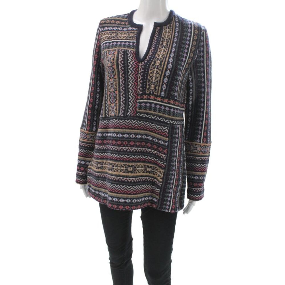 Tory Burch Womens V-Neck Fair Isle Black Tunic Sweater Bohemian Size S
